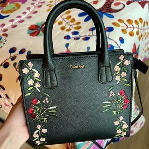 Black Calvin Klein Crossbody Purse with Floral Embroidery